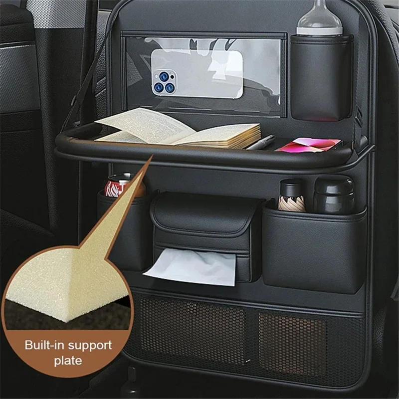 Leather Car Seat Back Organizer Hanging Waterproof Storage Bag with Foldable Table - Green