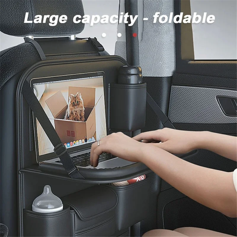 Leather Car Seat Back Organizer Hanging Waterproof Storage Bag with Foldable Table - Green