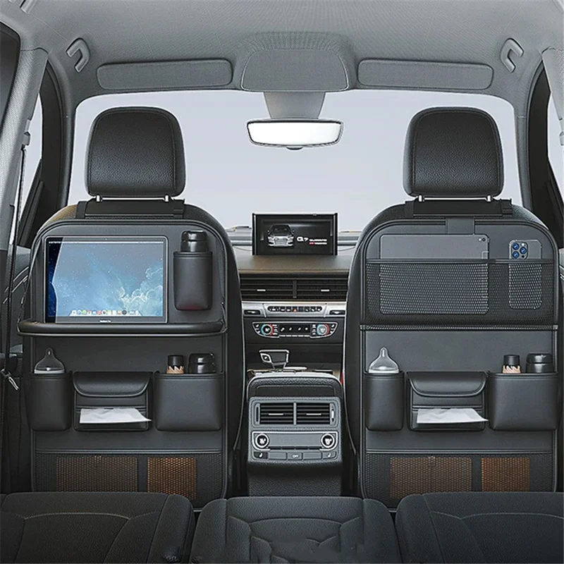 Leather Car Seat Back Organizer Hanging Waterproof Storage Bag with Foldable Table - Green