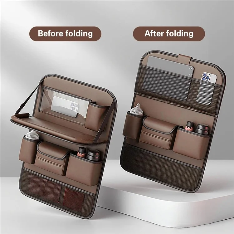 Leather Car Seat Back Organizer Hanging Waterproof Storage Bag with Foldable Table - Brown