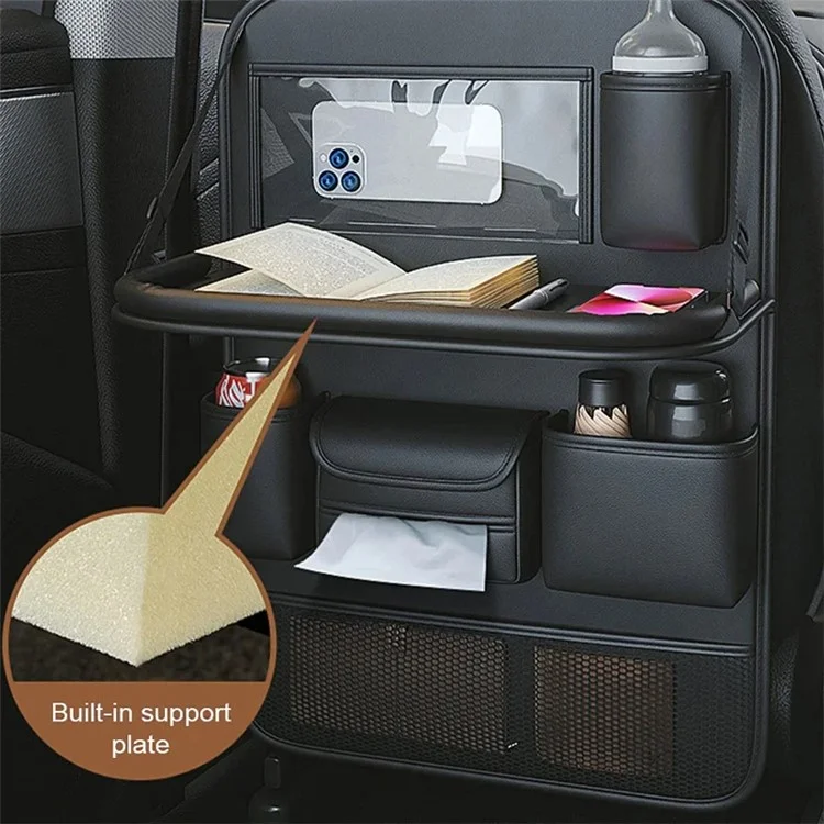 Leather Car Seat Back Organizer Hanging Waterproof Storage Bag with Foldable Table - Brown