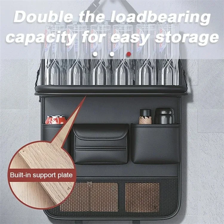 Leather Car Seat Back Organizer Hanging Waterproof Storage Bag with Foldable Table - Brown