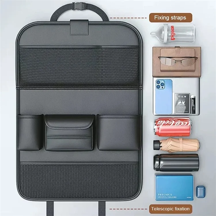 Leather Car Seat Back Organizer Hanging Waterproof Storage Bag with Foldable Table - Brown
