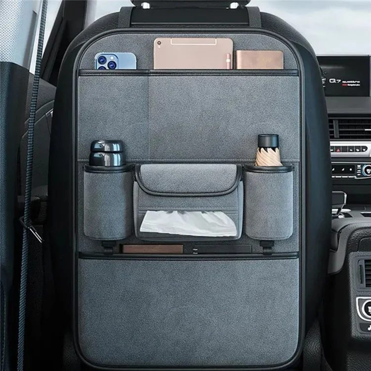 Organisateur de siège arrière de voiture AUTOCOLOR en suède avec porte-gobelet, rangement à plusieurs poches et crochet - Gris
