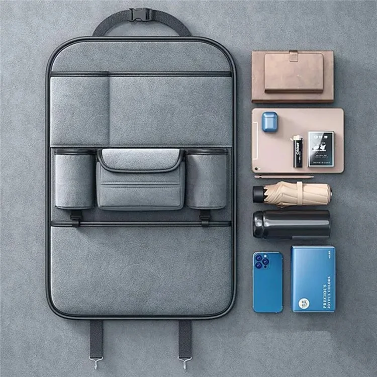Organisateur de siège arrière de voiture AUTOCOLOR en suède avec porte-gobelet, rangement à plusieurs poches et crochet - Gris
