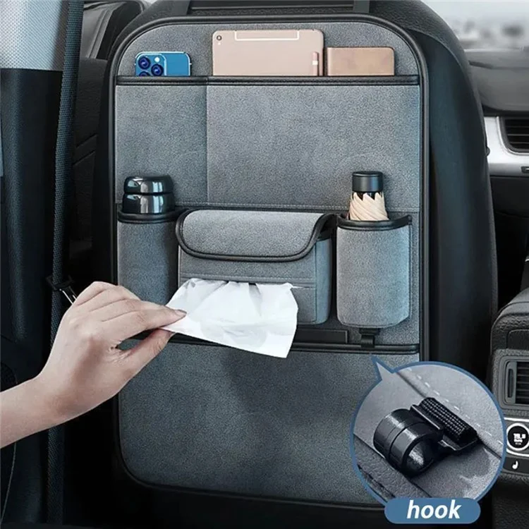 Organisateur de siège arrière de voiture AUTOCOLOR en suède avec porte-gobelet, rangement à plusieurs poches et crochet - Gris