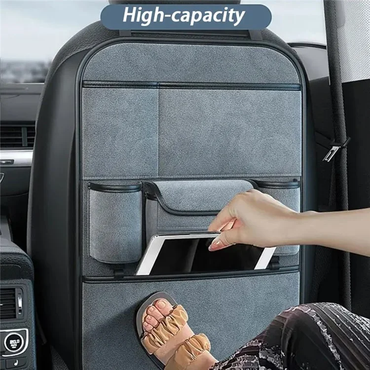 Organisateur de siège arrière de voiture AUTOCOLOR en suède avec porte-gobelet, rangement à plusieurs poches et crochet - Gris