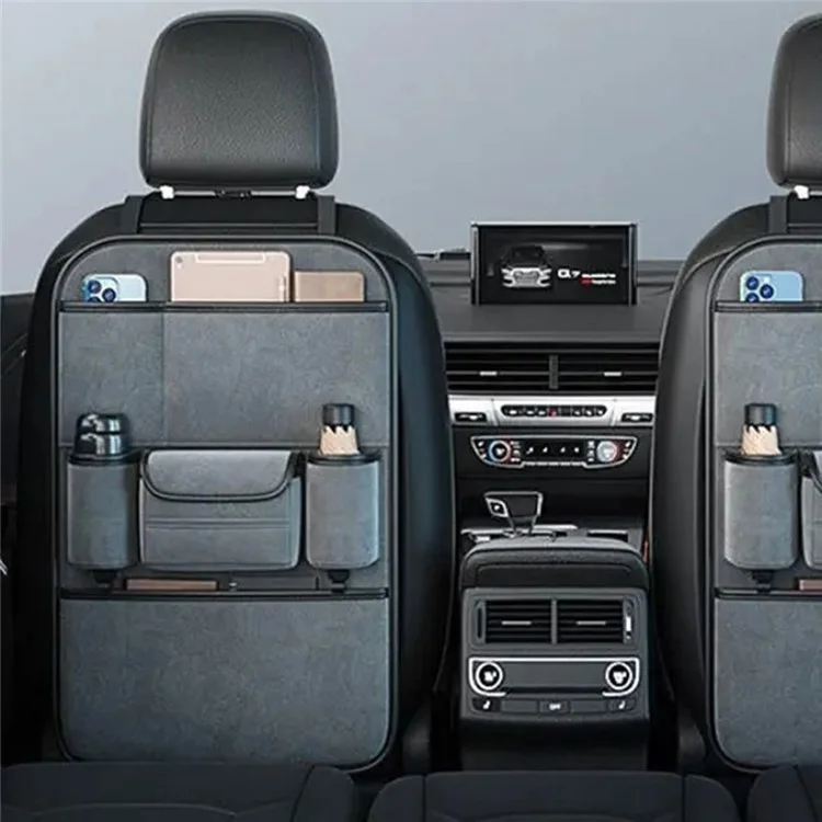 Organisateur de siège arrière de voiture AUTOCOLOR en suède avec porte-gobelet, rangement à plusieurs poches et crochet - Gris