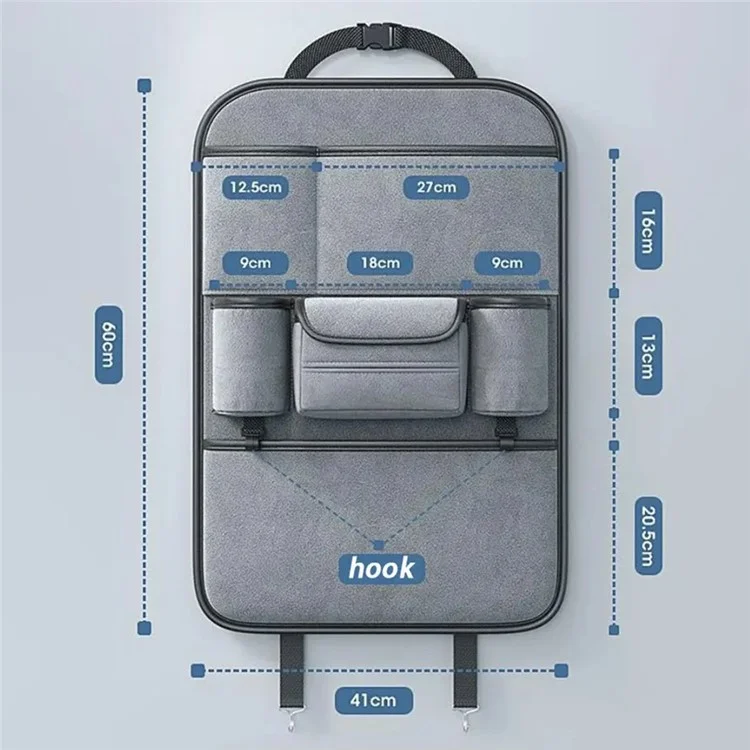 Organisateur de siège arrière de voiture AUTOCOLOR en suède avec porte-gobelet, rangement à plusieurs poches et crochet - Gris