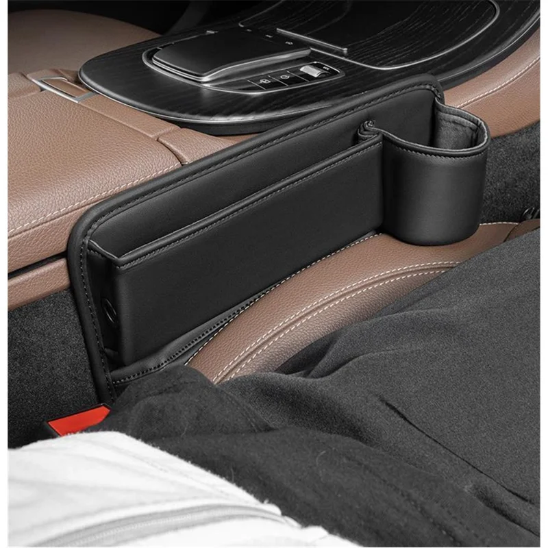 AUTOCOLOR Driver + Passenger Side Car Seat Seam Leather Storage Box Phone Drink Organizer