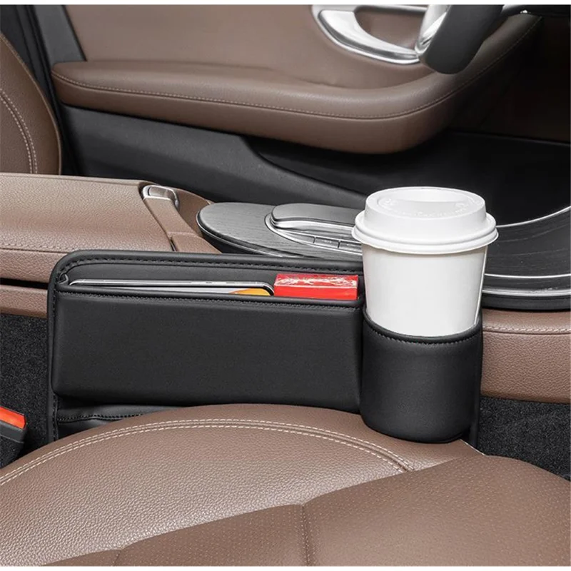 AUTOCOLOR Driver + Passenger Side Car Seat Seam Leather Storage Box Phone Drink Organizer