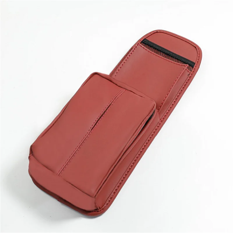 Car Seat Side Storage Bag Hanging Tissue Box PU Leather Phone Holder Organizer - Red