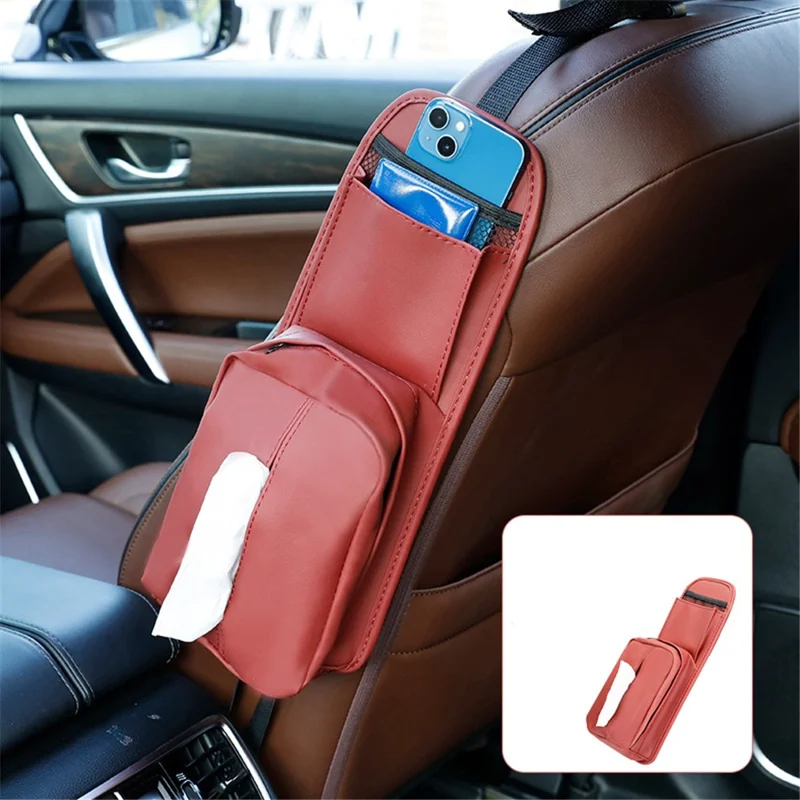 Car Seat Side Storage Bag Hanging Tissue Box PU Leather Phone Holder Organizer - Red
