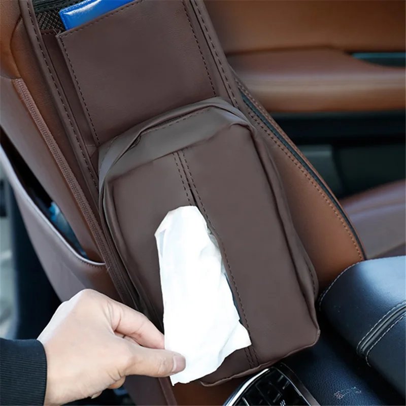 Car Seat Side Storage Bag Hanging Tissue Box PU Leather Phone Holder Organizer - Red