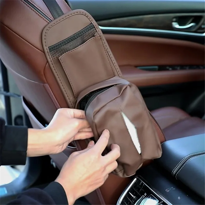 Car Seat Side Storage Bag Hanging Tissue Box PU Leather Phone Holder Organizer - Red