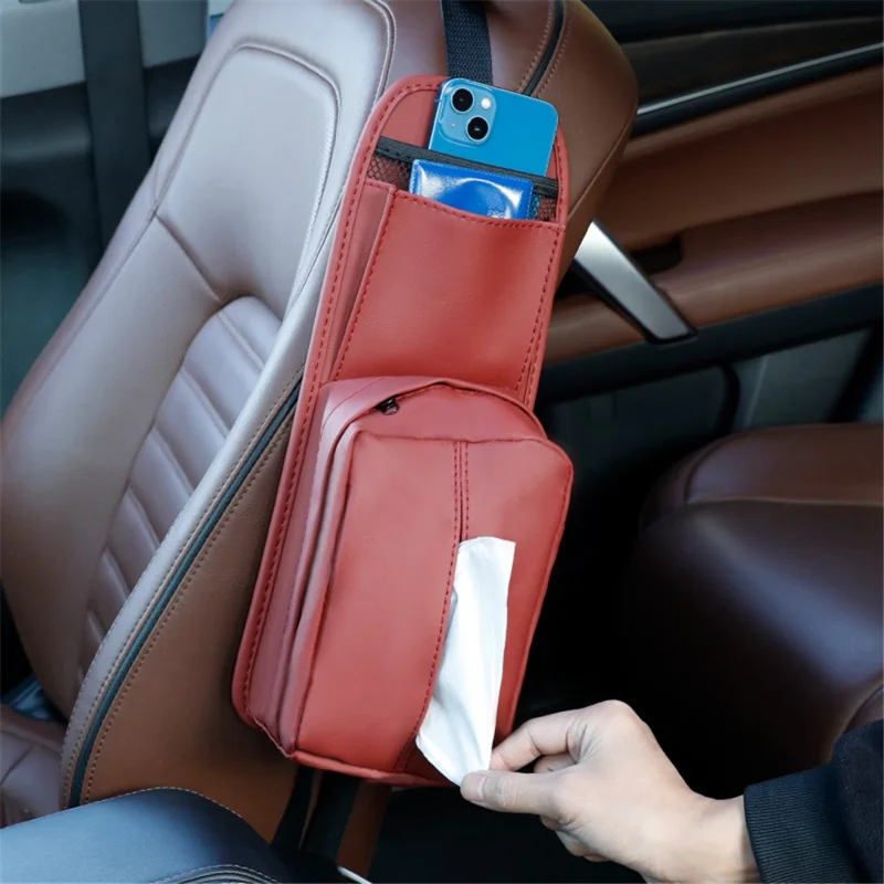 Car Seat Side Storage Bag Hanging Tissue Box PU Leather Phone Holder Organizer - Red