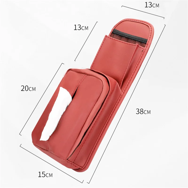 Car Seat Side Storage Bag Hanging Tissue Box PU Leather Phone Holder Organizer - Red