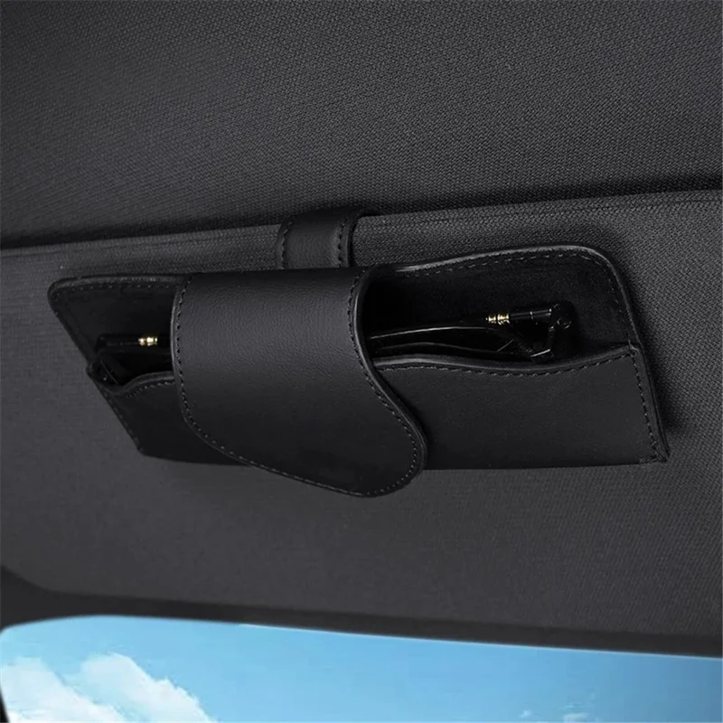 Car Sun Visor Glasses Holder PU Leather Magnetic Flap Sunglasses Clip Case - Black