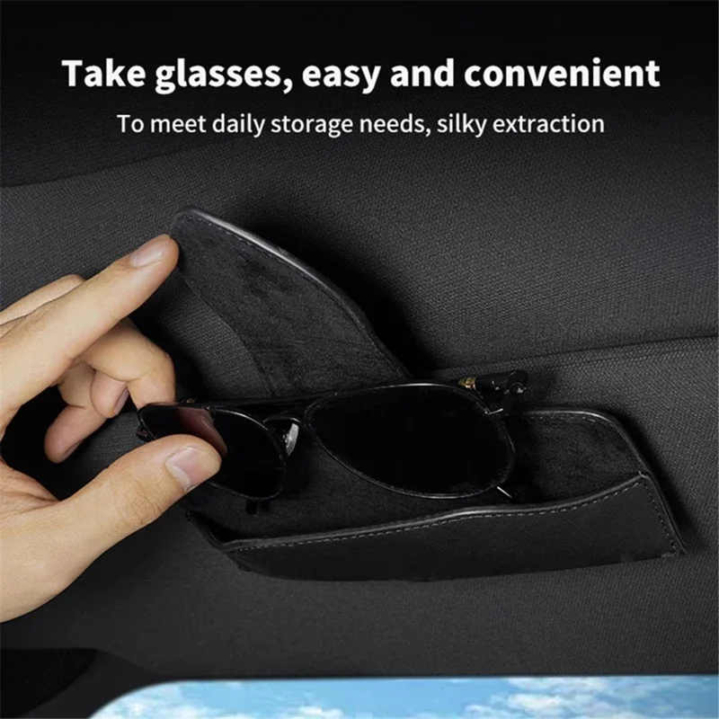 Car Sun Visor Glasses Holder PU Leather Magnetic Flap Sunglasses Clip Case - Black