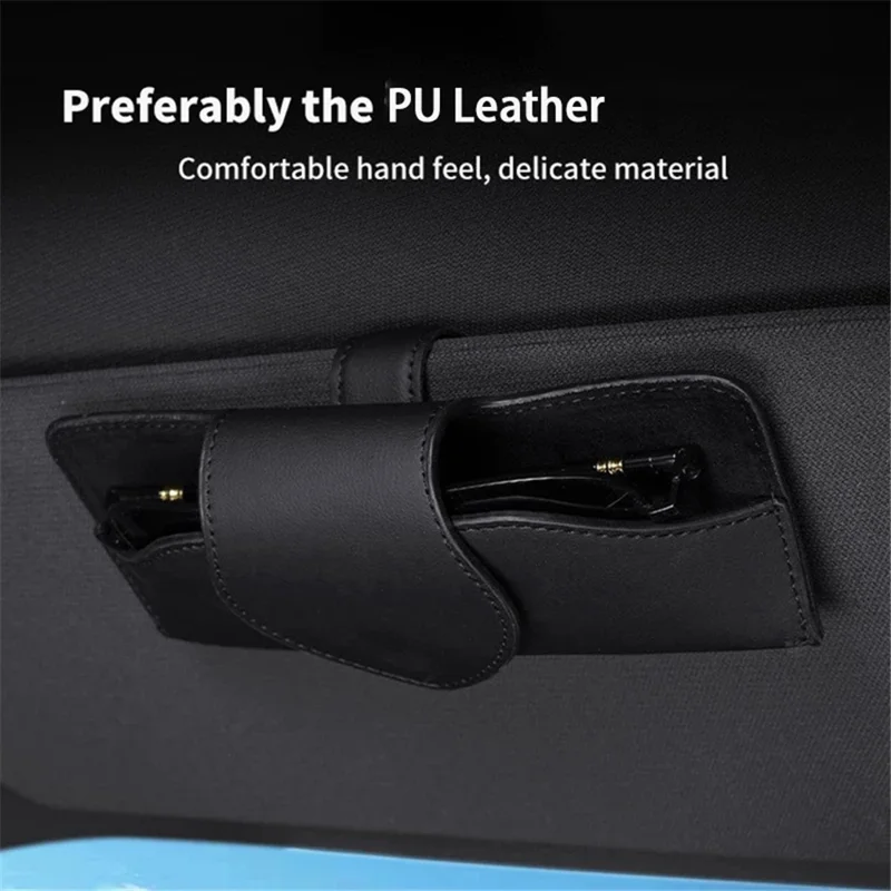 Car Sun Visor Glasses Holder PU Leather Magnetic Flap Sunglasses Clip Case - Black