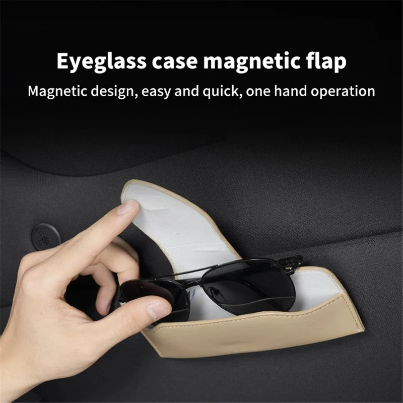 Car Sun Visor Glasses Holder PU Leather Magnetic Flap Sunglasses Clip Case - Black