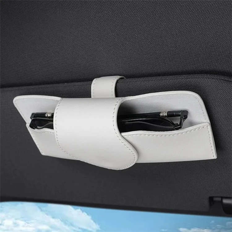 Car Sun Visor Glasses Holder PU Leather Magnetic Flap Sunglasses Clip Case - White
