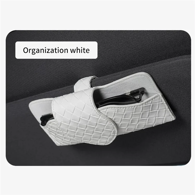 Car Sun Visor Glasses Holder PU Leather Magnetic Flap Sunglasses Clip Case - White