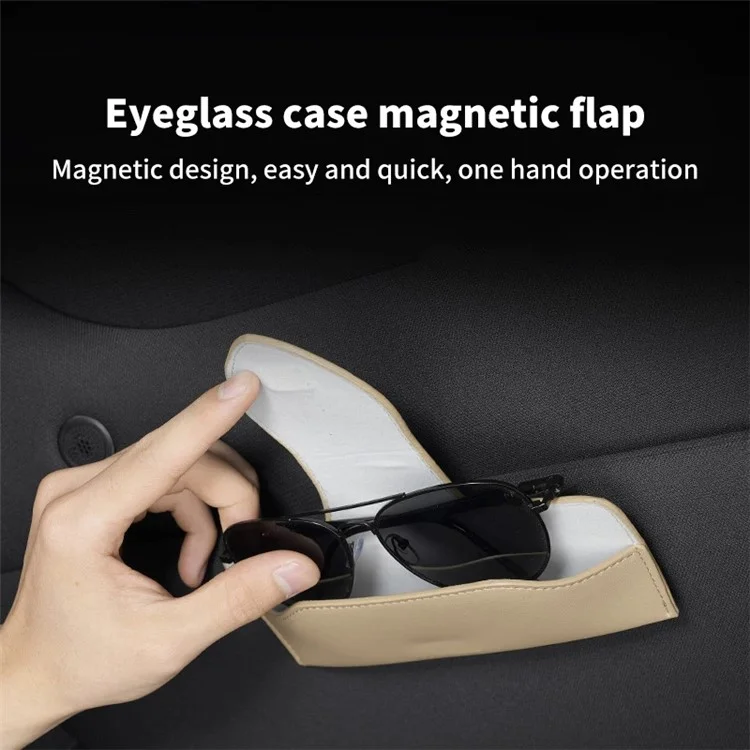 Car Sun Visor Glasses Holder PU Leather Magnetic Flap Sunglasses Clip Case - White