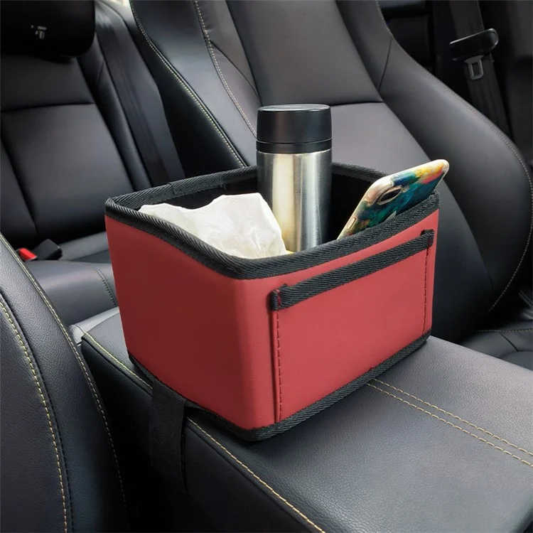 Multi-function Auto Interior Organizer PU Leather Car Armrest Storage Box Cellphone Tissue Holder - Rhombus / Black