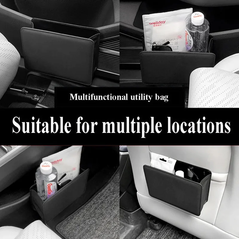 DGNSNH-01 Car Trash Holder Storage Box Vehicle Door Seat Back Hanging Leather Trash Bin - Black