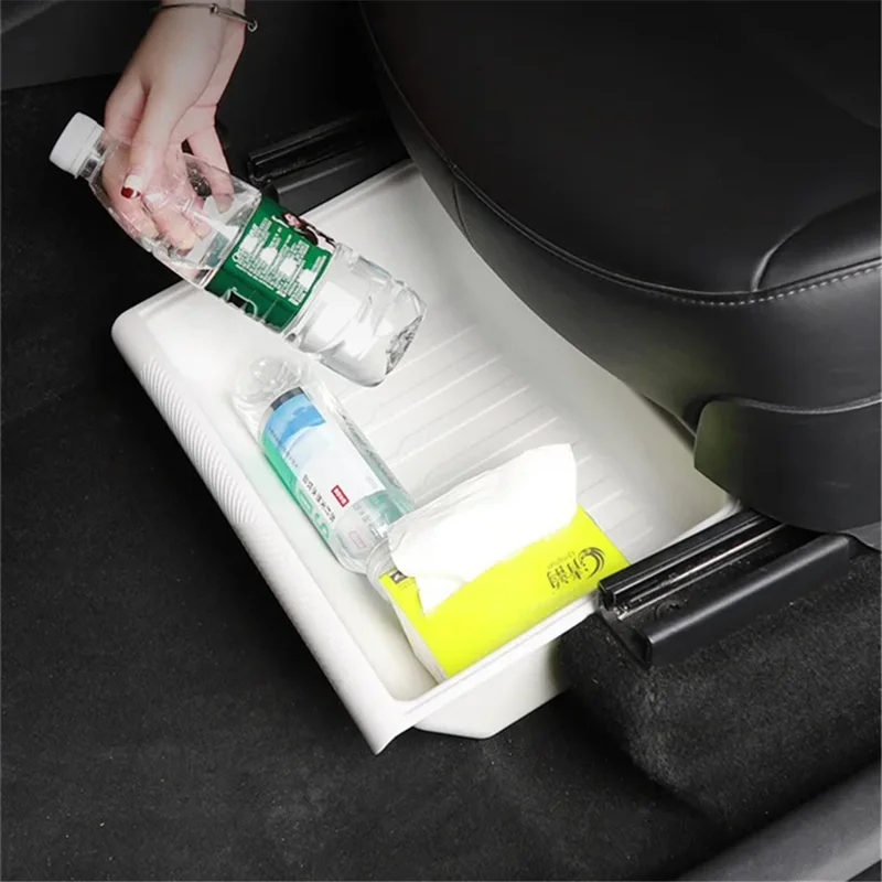 TSL521 For Tesla Model Y TPE+ABS Storage Box with Lid Under Seat Drawer - Grey