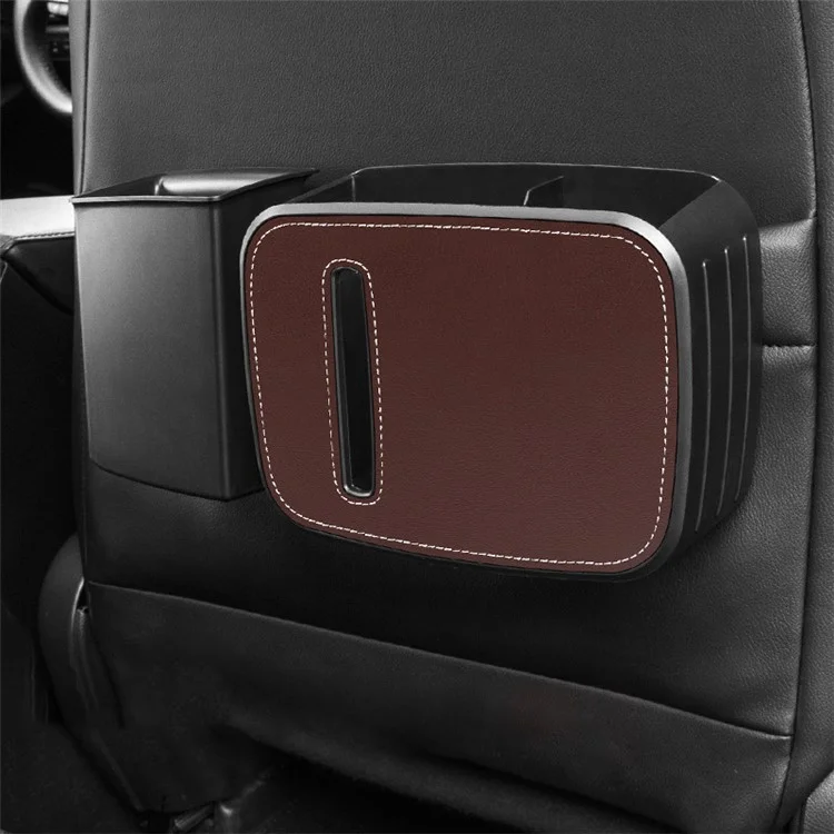 8762 Vehicle Tissue Box Car Seat Back Sundries Storage Box + Garbage Can - Leather / Brown