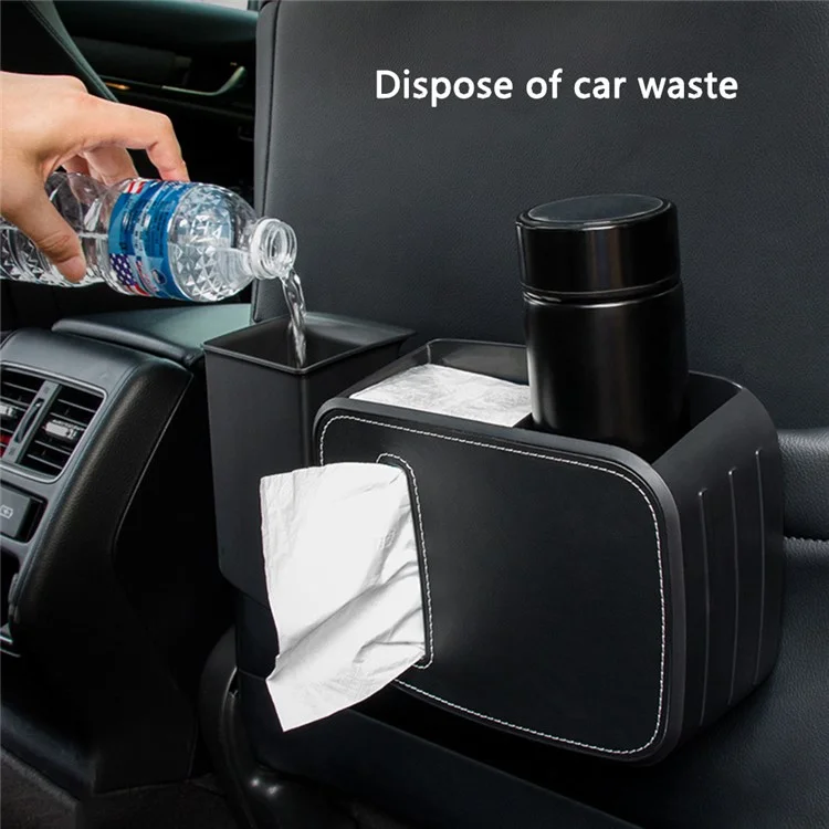 8762 Vehicle Tissue Box Car Seat Back Sundries Storage Box + Garbage Can - Leather / Brown