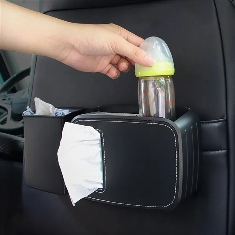 8762 Vehicle Tissue Box Car Seat Back Sundries Storage Box + Garbage Can - Leather / Brown