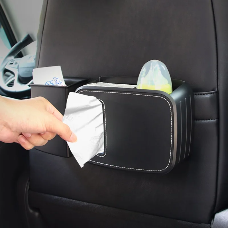 8762 Vehicle Tissue Box Car Seat Back Sundries Storage Box + Garbage Can - Leather / Brown
