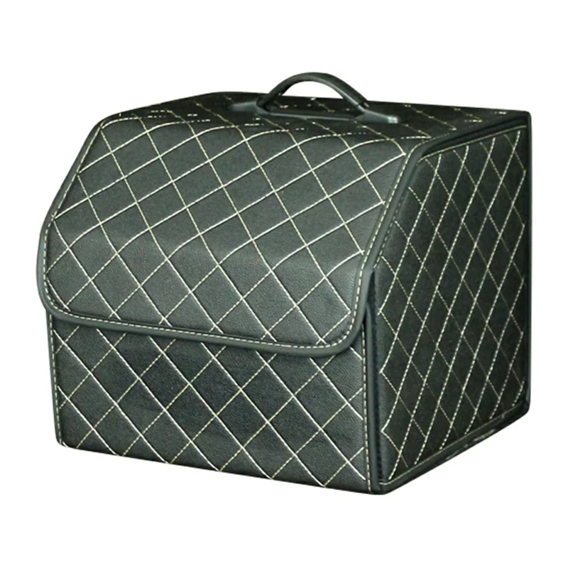 10006 Foldable Car Trunk Organizer Container Leather Storage Box, Small Size - Grid / Black+Beige Line