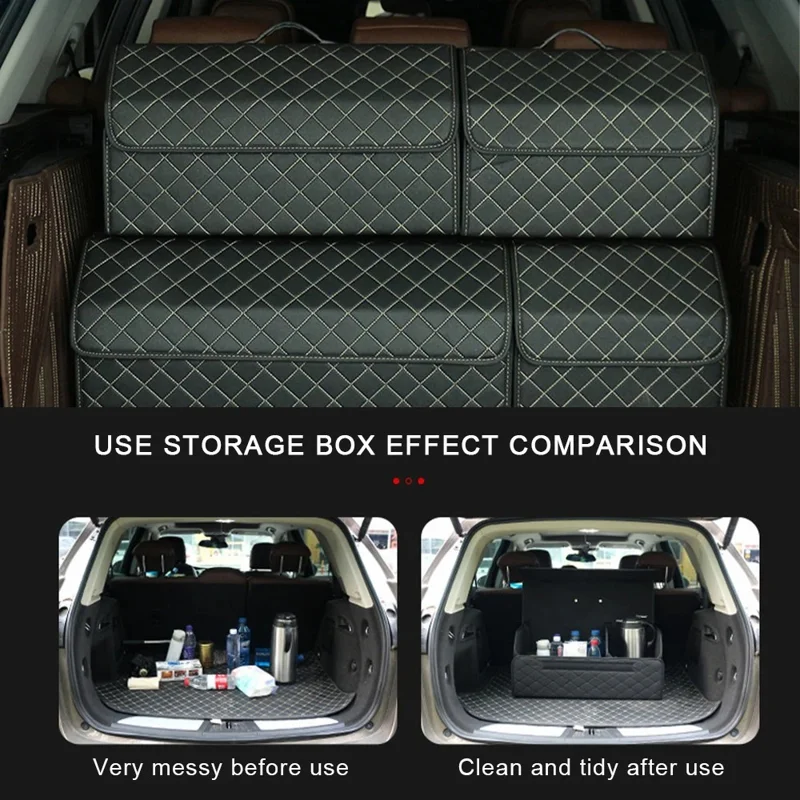 10006 Foldable Car Trunk Organizer Container Leather Storage Box, Small Size - Grid / Black+Beige Line
