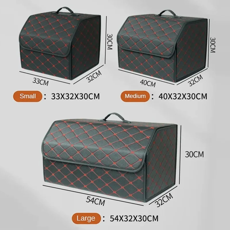 10006 Foldable Car Trunk Organizer Container Leather Storage Box, Small Size - Grid / Black+Beige Line