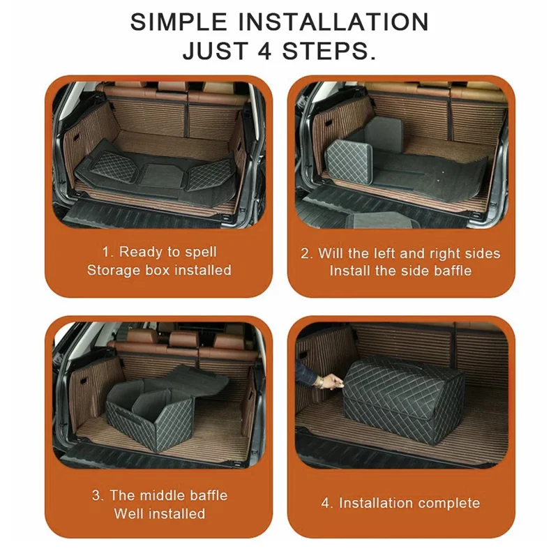 10006 Foldable Car Trunk Organizer Container Leather Storage Box, Small Size - Grid / Black+Beige Line