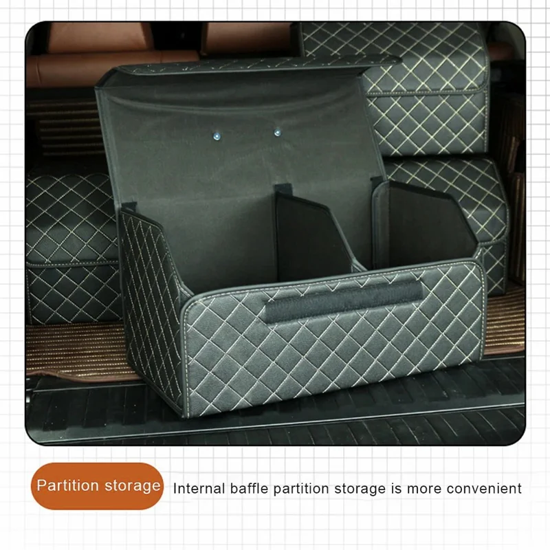 10006 Foldable Car Trunk Organizer Container Leather Storage Box, Small Size - Grid / Black+Beige Line