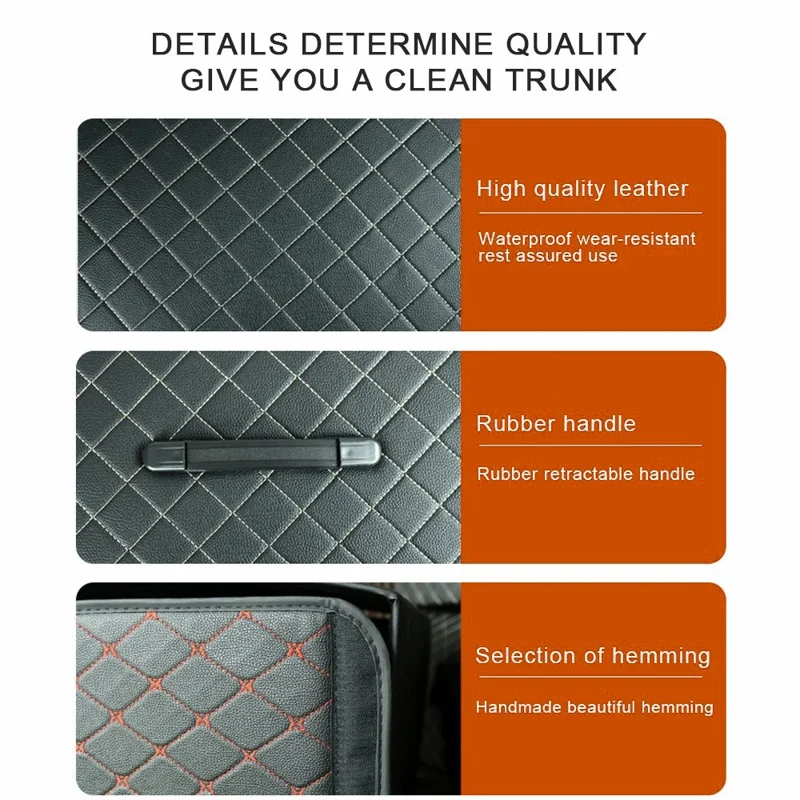 10006 Foldable Car Trunk Organizer Container Leather Storage Box, Small Size - Grid / Black+Beige Line