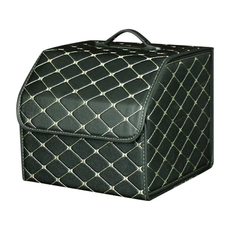 10006 Foldable Car Trunk Organizer Container Leather Storage Box, Small Size - Black+Beige Line