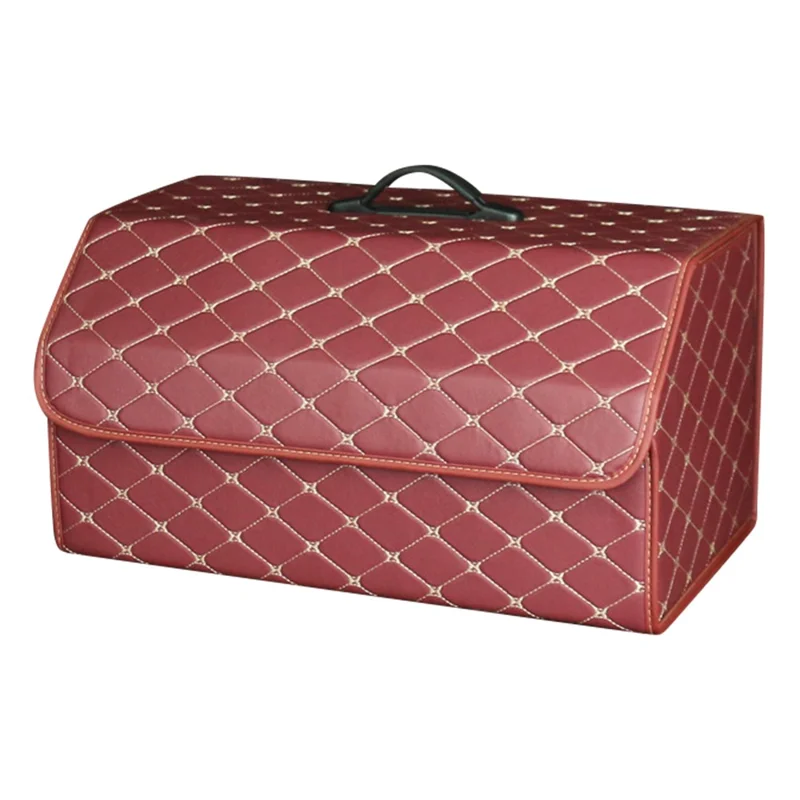 10006 Car Trunk Folding Leather Storage Box with Rubber Handle, Large Size - Wine Red+Beige Line