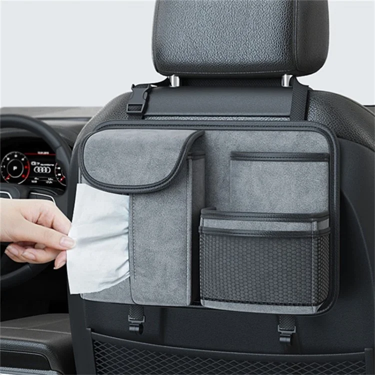 Sheepskin Leather Car Seat Back Organizer Tissue Holder Multi-function Storage Bag - Grey