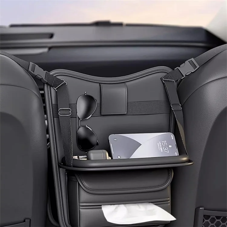 Sac de siège de voiture en cuir AT3088 - Boîte de rangement pour petite table de véhicule - Noir
