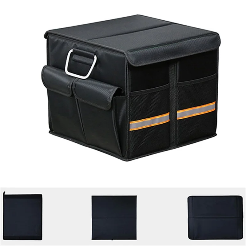 Size S 36L Car Trunk Storage Box with Lid Oxford Cloth Foldable Reflective Car Boot Case - Black
