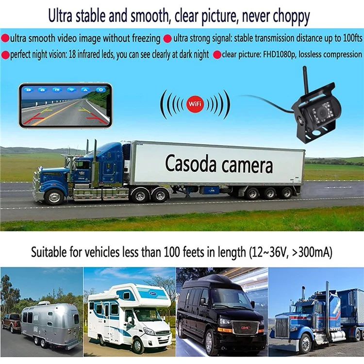 WCA101 WiFi Wireless Dash Cam HD Car Truck Reversing Camera IR Night Vision Rear View Car Parking Camera