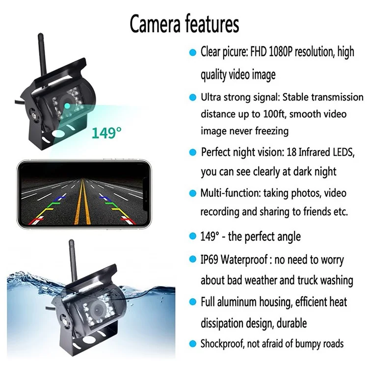 WCA101 WiFi Wireless Dash Cam HD Car Truck Reversing Camera IR Night Vision Rear View Car Parking Camera