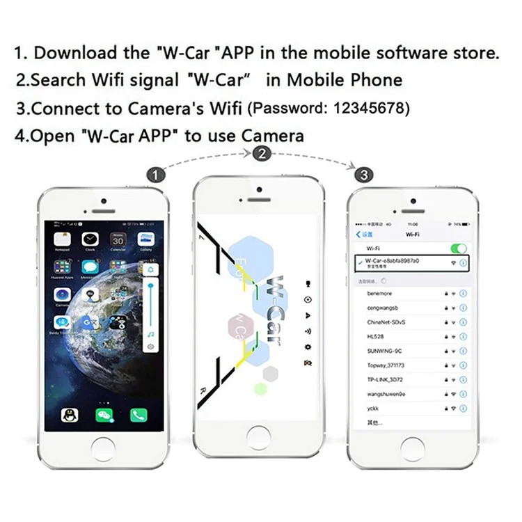 WCA101 WiFi Wireless Dash Cam HD Car Truck Reversing Camera IR Night Vision Rear View Car Parking Camera