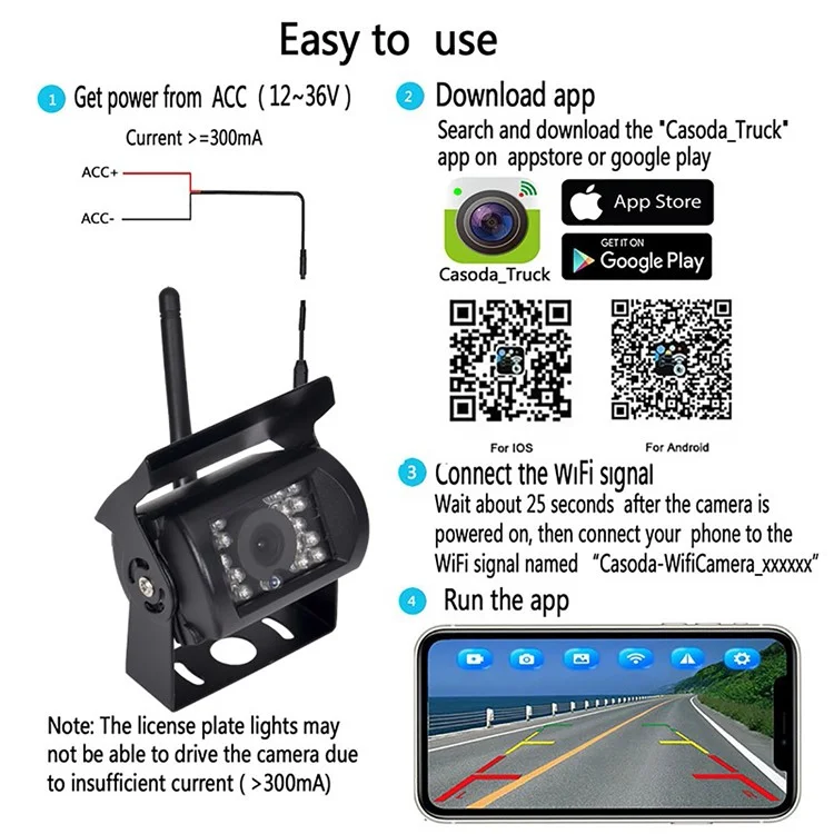 WCA101 WiFi Wireless Dash Cam HD Car Truck Reversing Camera IR Night Vision Rear View Car Parking Camera